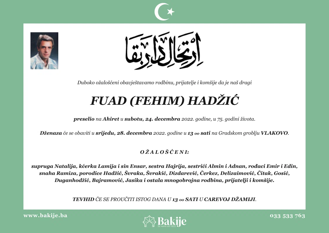 Smrtovnica — Fuad (Fehim) Hadžić