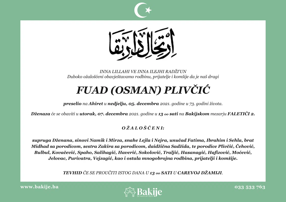Smrtovnica — Fuad (Osman) Plivčić