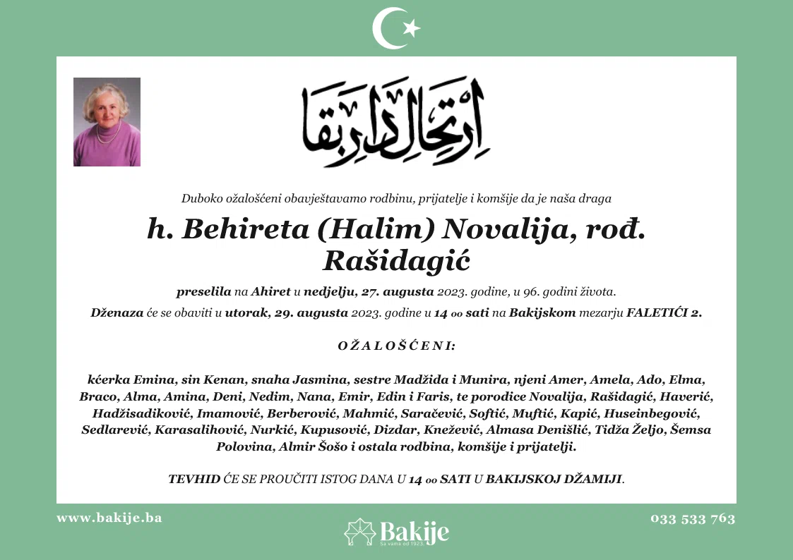 Smrtovnica — H. Behireta (Halim) Novalija, rođ. Rašidagić