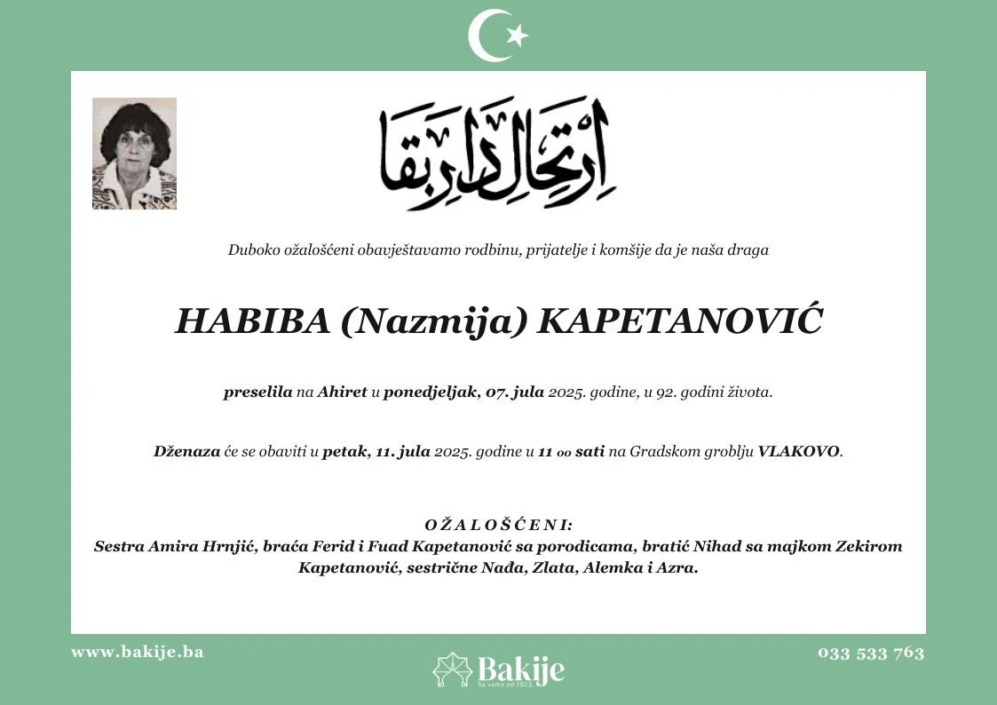 Smrtovnica — Habiba (Nazmija) Kapetanović