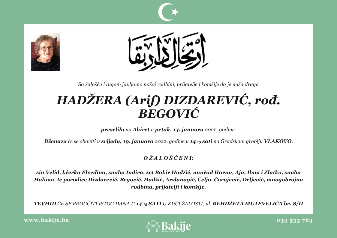 Smrtovnica — Hadžera (Arif) Dizdarević, rođ. Begović