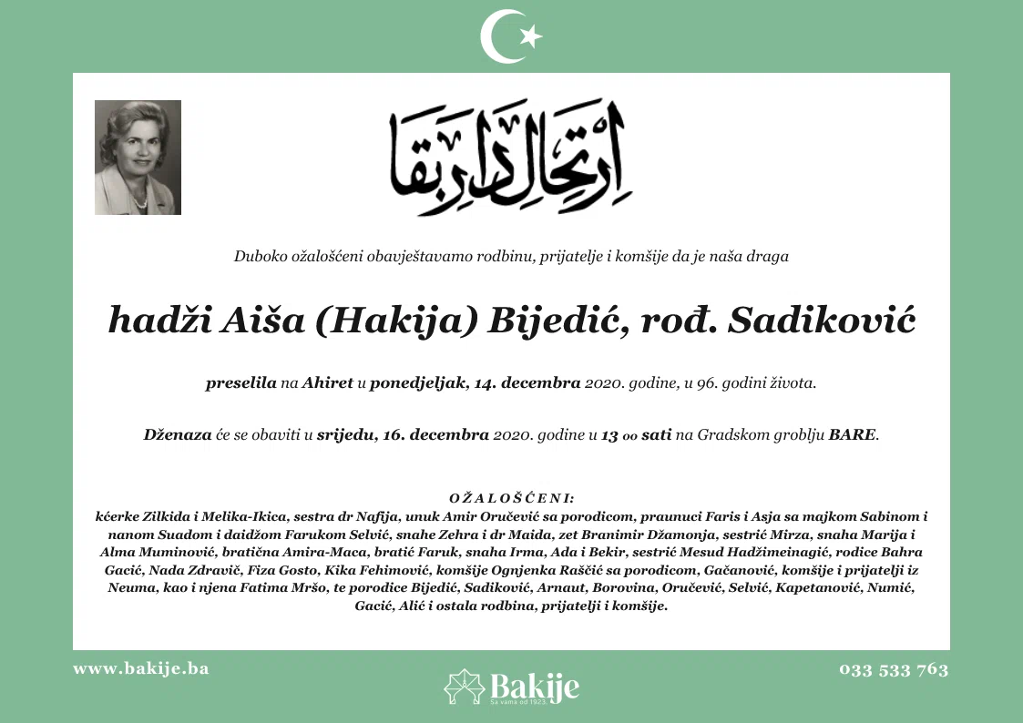 Smrtovnica — Hadži Aiša (Hakija) Bijedić, rođ. Sadiković