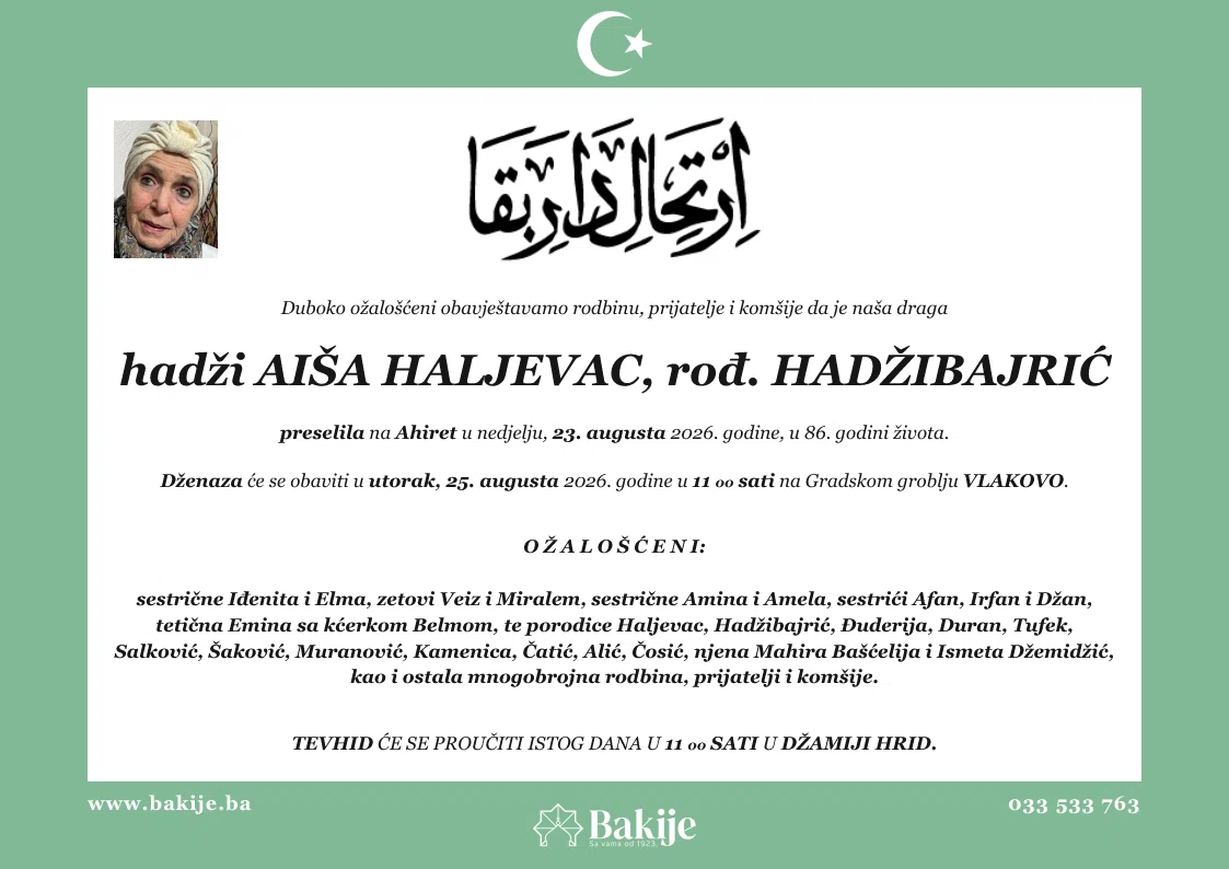Smrtovnica — Hadži Aiša Haljevac, rođ. Hadžibajrić