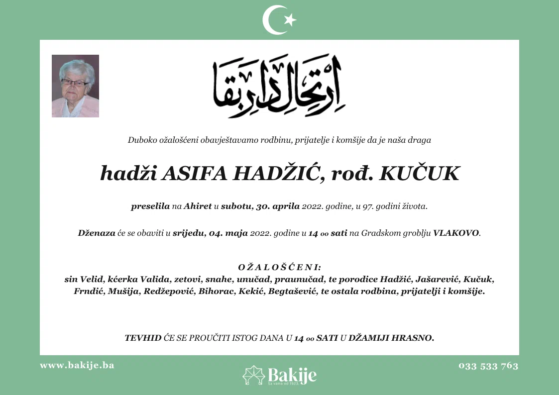 Smrtovnica — Hadži Asifa Hadžić, rođ. Kučuk