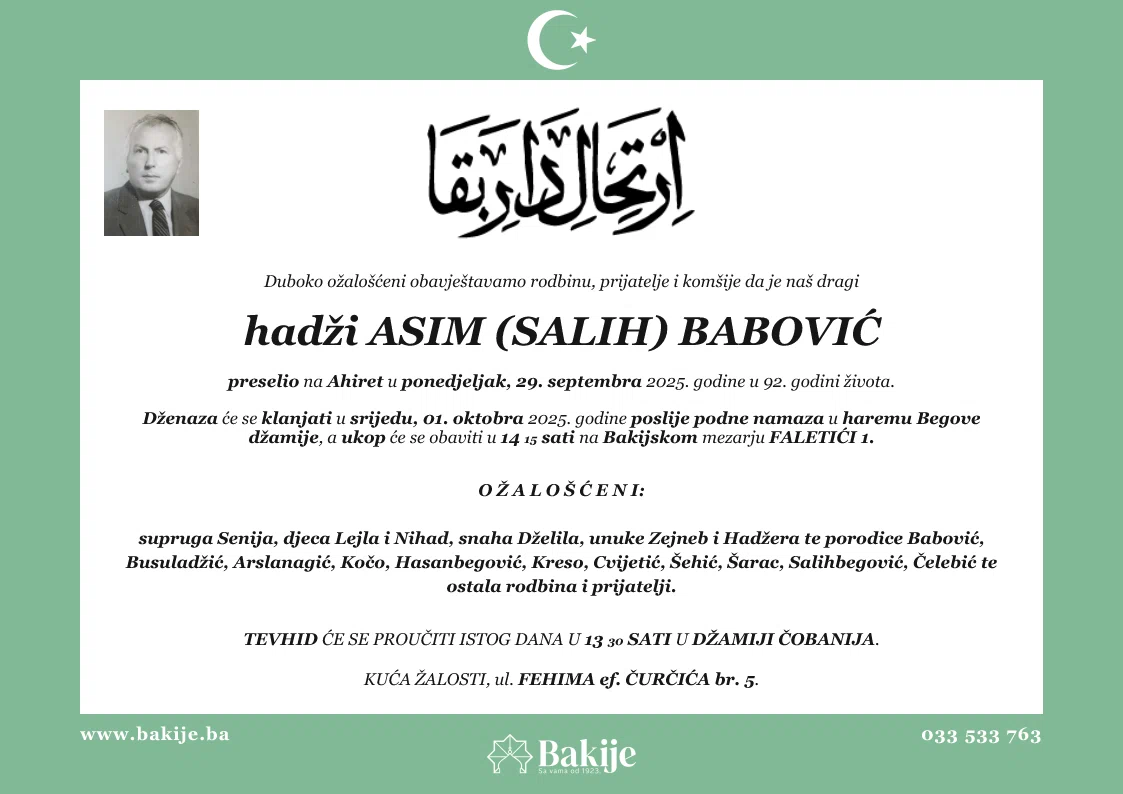 Smrtovnica — Hadži Asim (Salih) Babović
