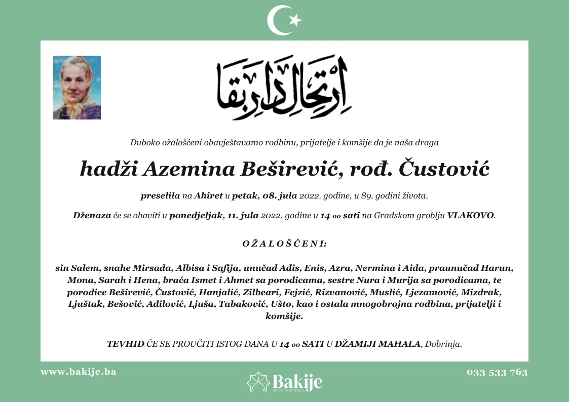 Smrtovnica — Hadži Azemina Beširević, rođ. Čustović
