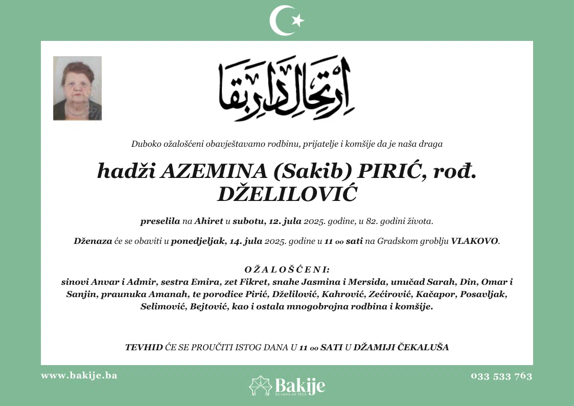 Smrtovnica — Hadži Azemina (Sakib) Pirić, rođ. Dželilović