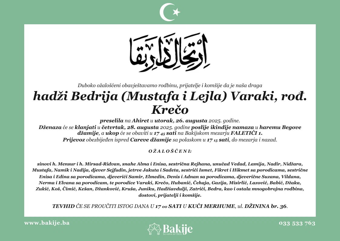 Smrtovnica — Hadži Bedrija (Mustafa I Lejla) Varaki, rođ. Krečo