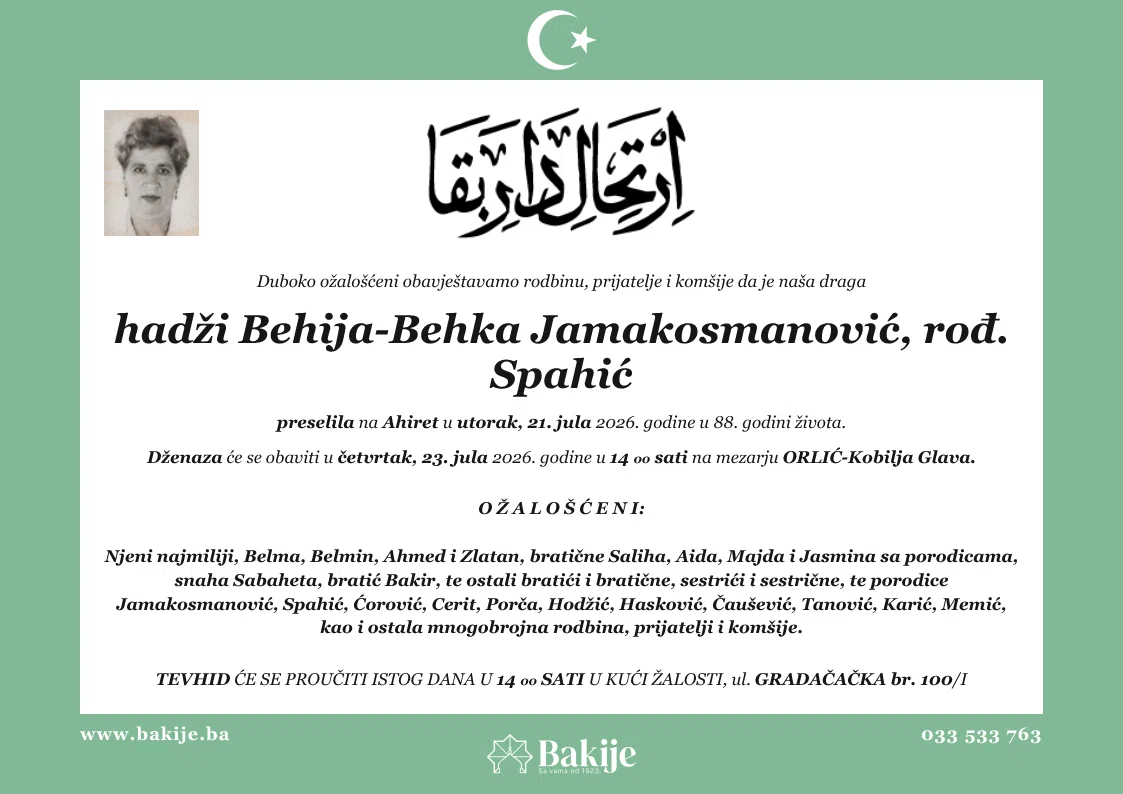Smrtovnica — Hadži Behija-Behka Jamakosmanović, rođ. Spahić