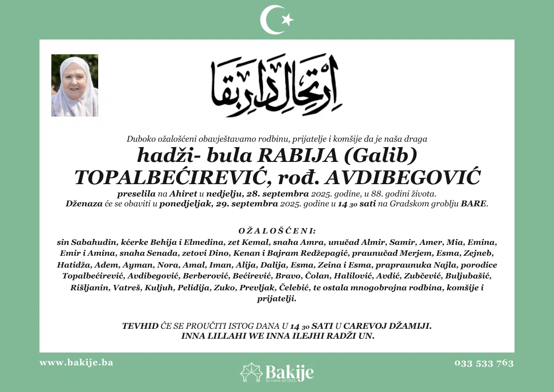 Smrtovnica — Hadži- Bula Rabija (Galib) Topalbećirević, rođ. Avdibegović