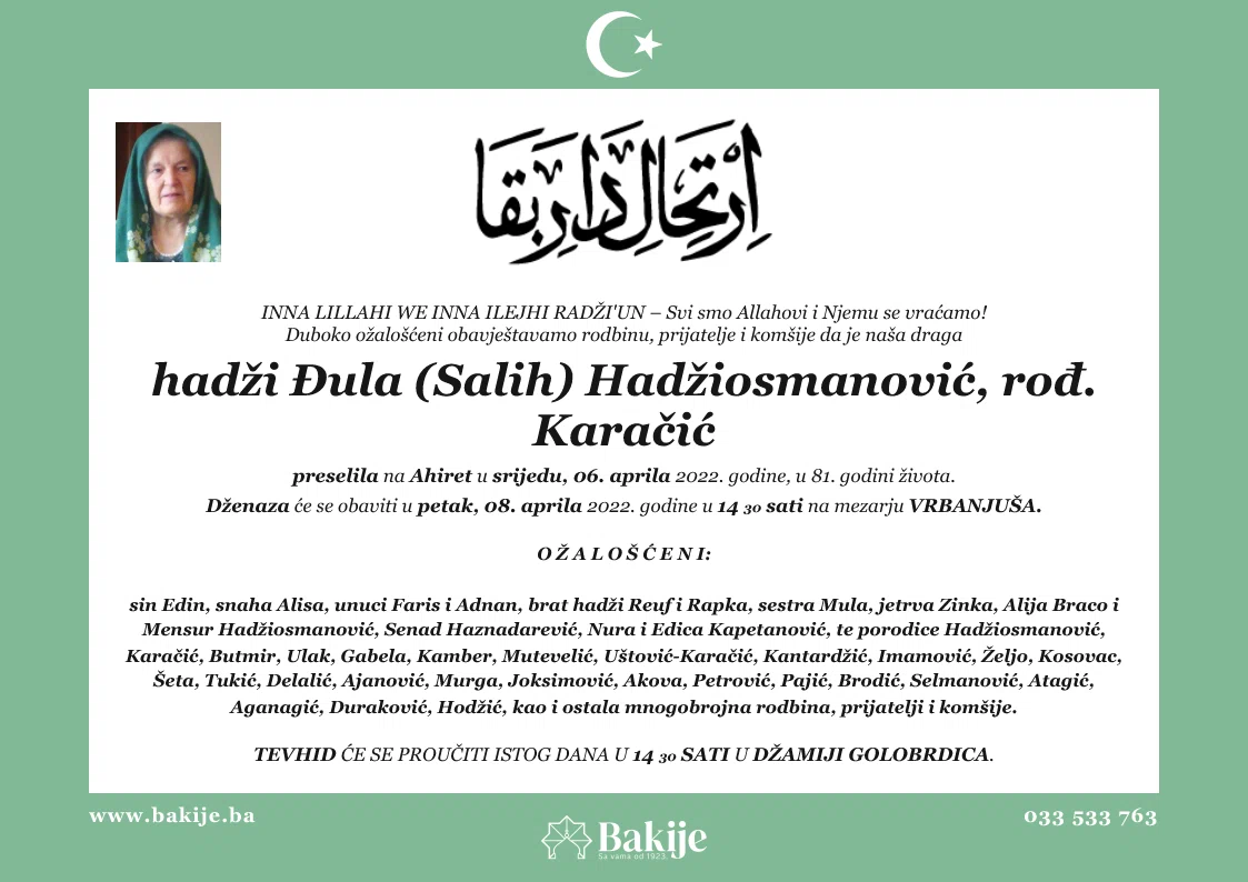 Smrtovnica — Hadži Đula (Salih) Hadžiosmanović, rođ. Karačić