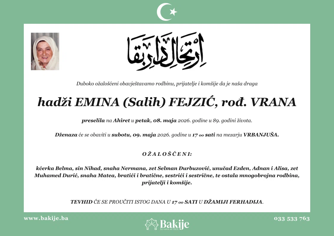 Smrtovnica — Hadži Emina (Salih) Fejzić, rođ. Vrana