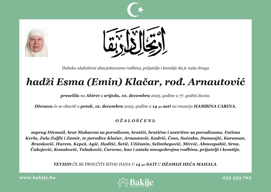 Smrtovnica — Hadži Esma (Emin) Klačar, rođ. Arnautović