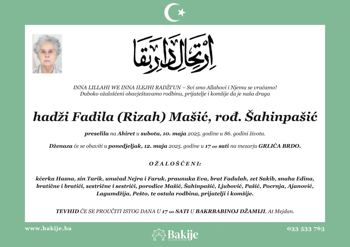 Smrtovnica — Hadži Fadila (Rizah) Mašić, rođ. Šahinpašić