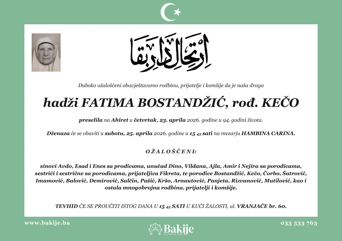 Smrtovnica — Hadži Fatima Bostandžić, rođ. Kečo