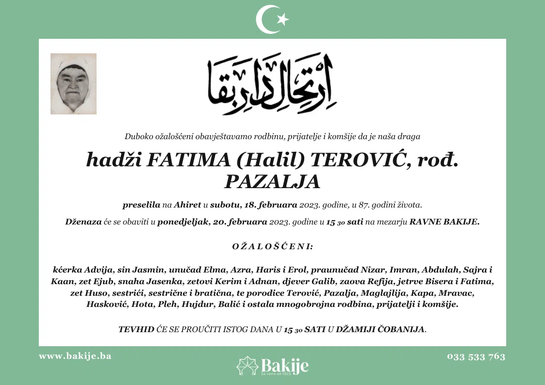 Smrtovnica — Hadži Fatima (Halil) Terović, rođ. Pazalja