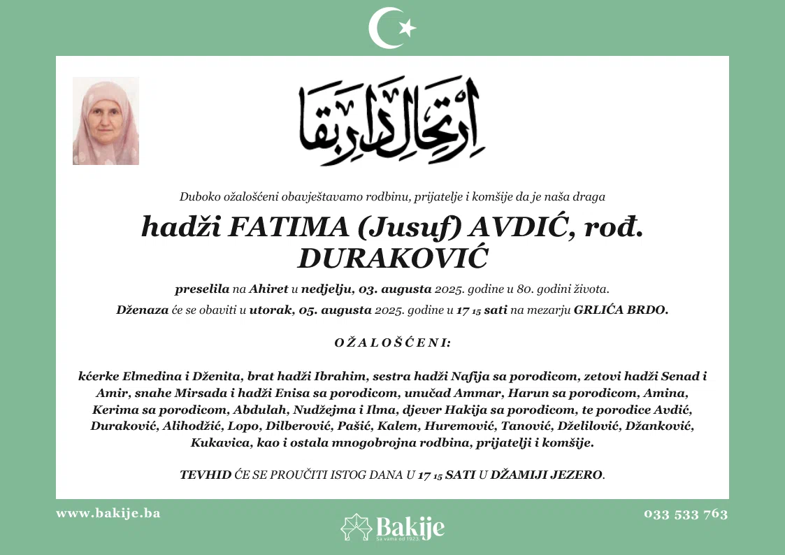 Smrtovnica — Hadži Fatima (Jusuf) Avdić, rođ. Duraković