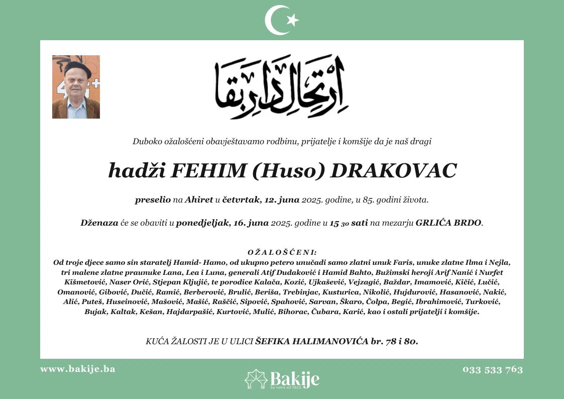 Smrtovnica — Hadži Fehim (Huso) Drakovac