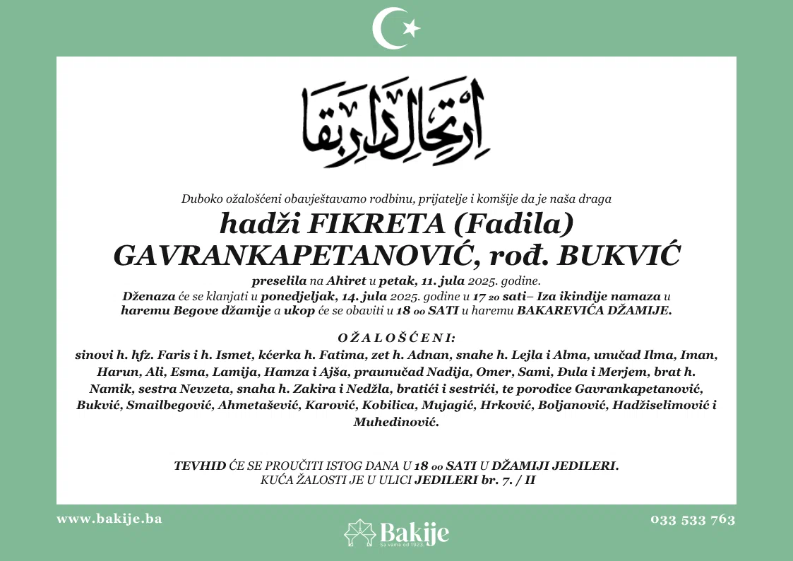 Smrtovnica — Hadži Fikreta (Fadila) Gavrankapetanović, rođ. Bukvić