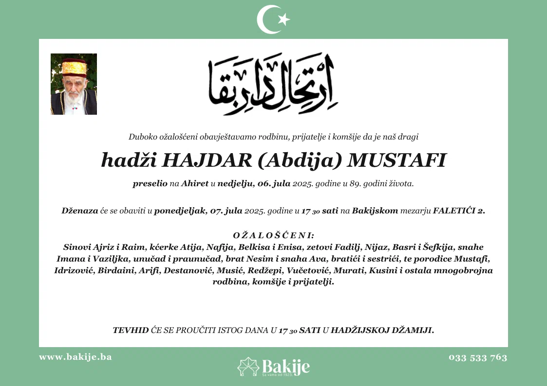 Smrtovnica — Hadži Hajdar (Abdija) Mustafi