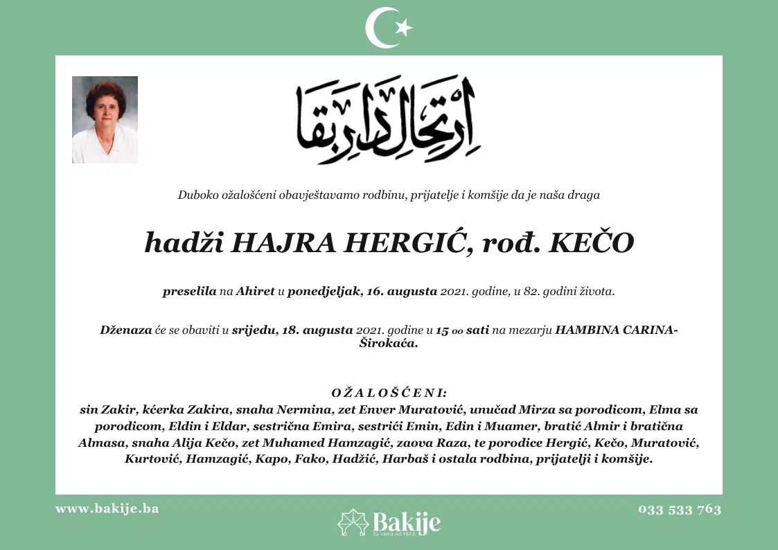 Smrtovnica — Hadži Hajra Hergić, rođ. Kečo