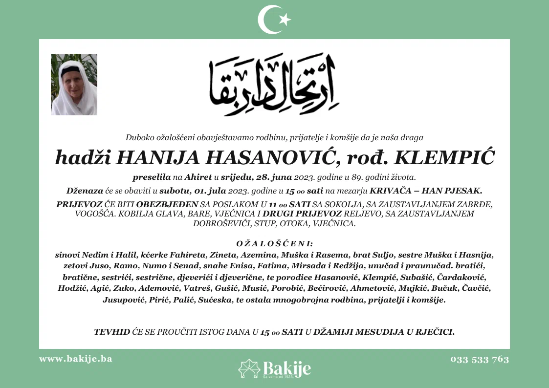 Smrtovnica — Hadži Hanija Hasanović, rođ. Klempić