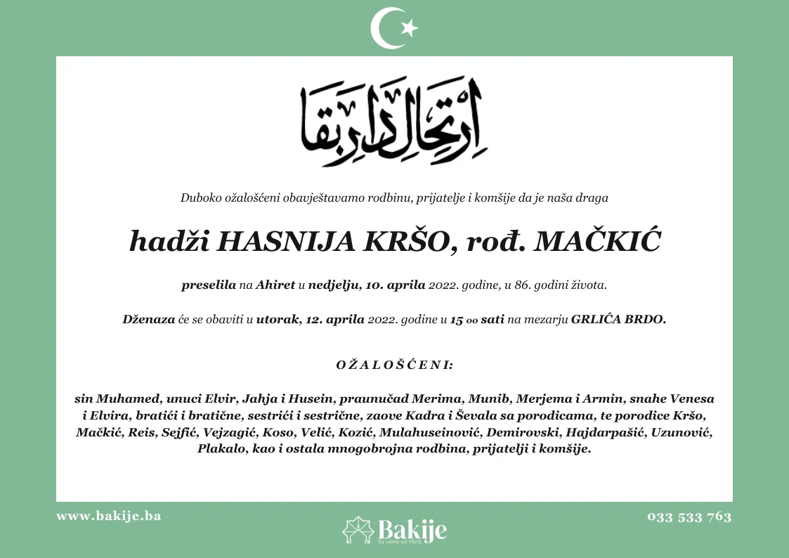 Smrtovnica — Hadži Hasnija Kršo, rođ. Mačkić