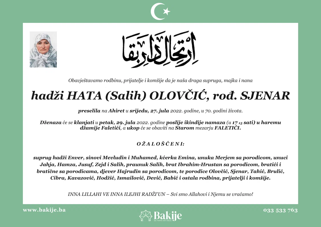 Smrtovnica — Hadži Hata (Salih) Olovčić, rođ. Sjenar