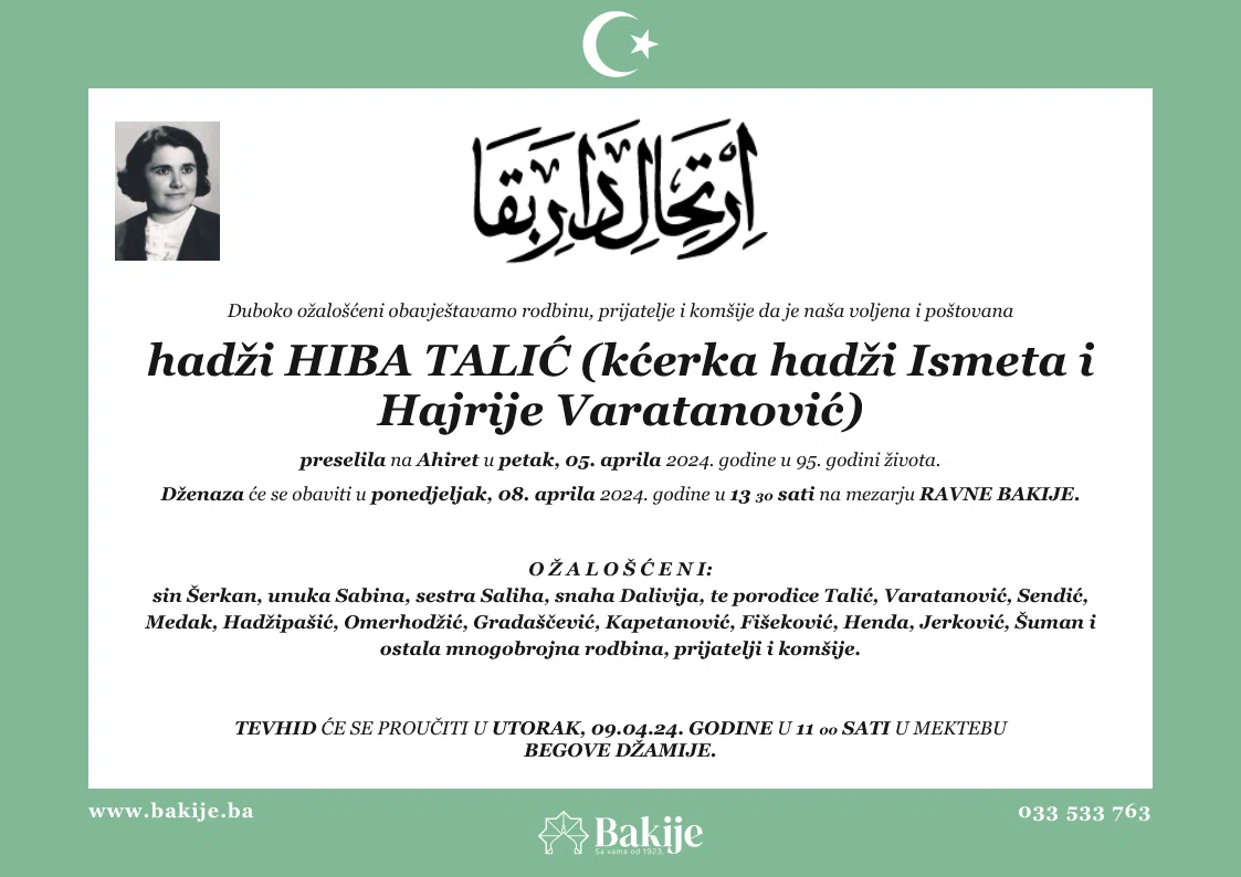 Smrtovnica — Hadži Hiba Talić (Kćerka Hadži Ismeta I Hajrije Varatanović)