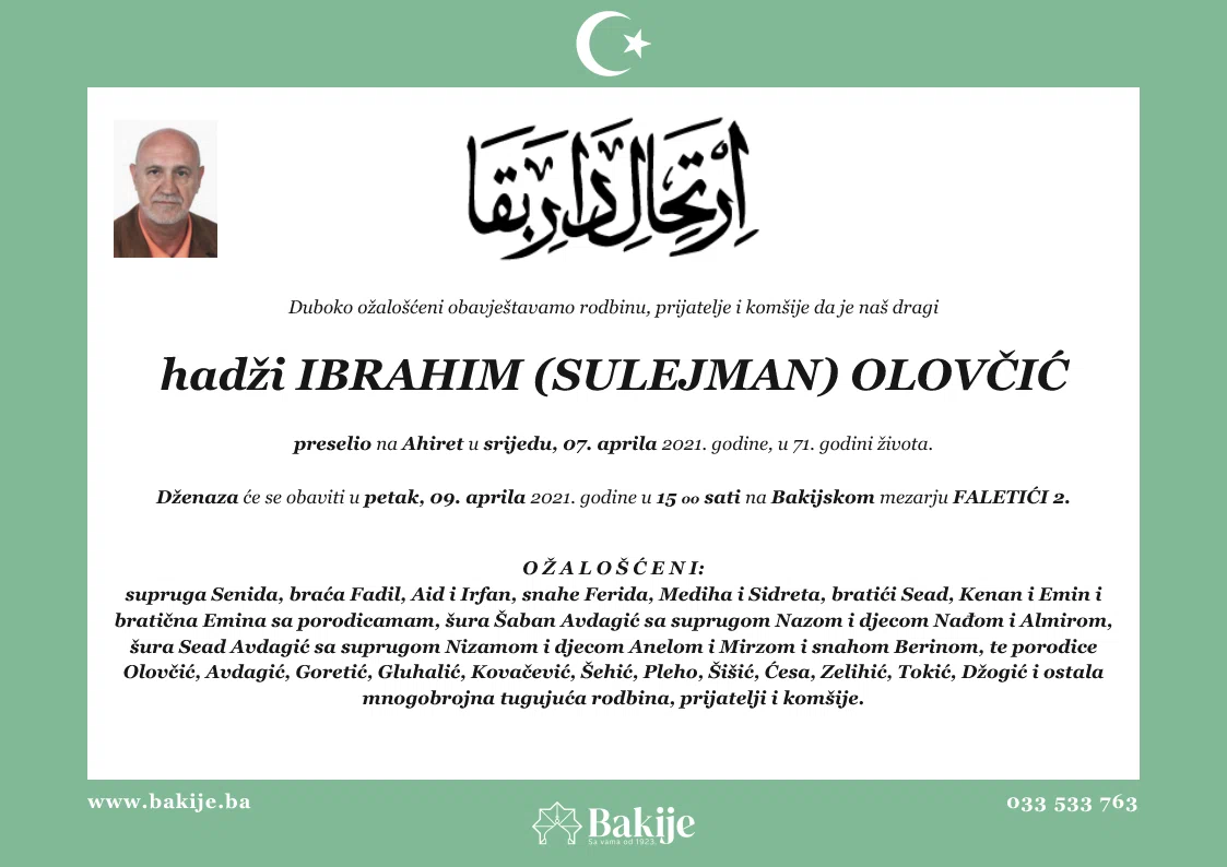 Smrtovnica — Hadži Ibrahim (Sulejman) Olovčić
