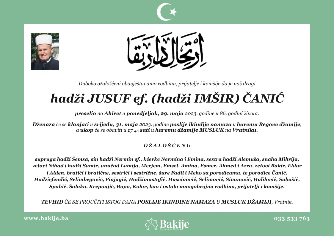 Smrtovnica — Hadži Jusuf ef. (Hadži Imšir) Čanić