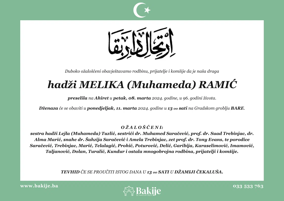 Smrtovnica — Hadži Melika (Muhameda) Ramić