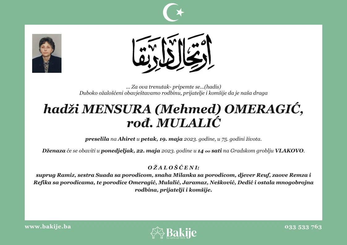 Smrtovnica — Hadži Mensura (Mehmed) Omeragić, rođ. Mulalić
