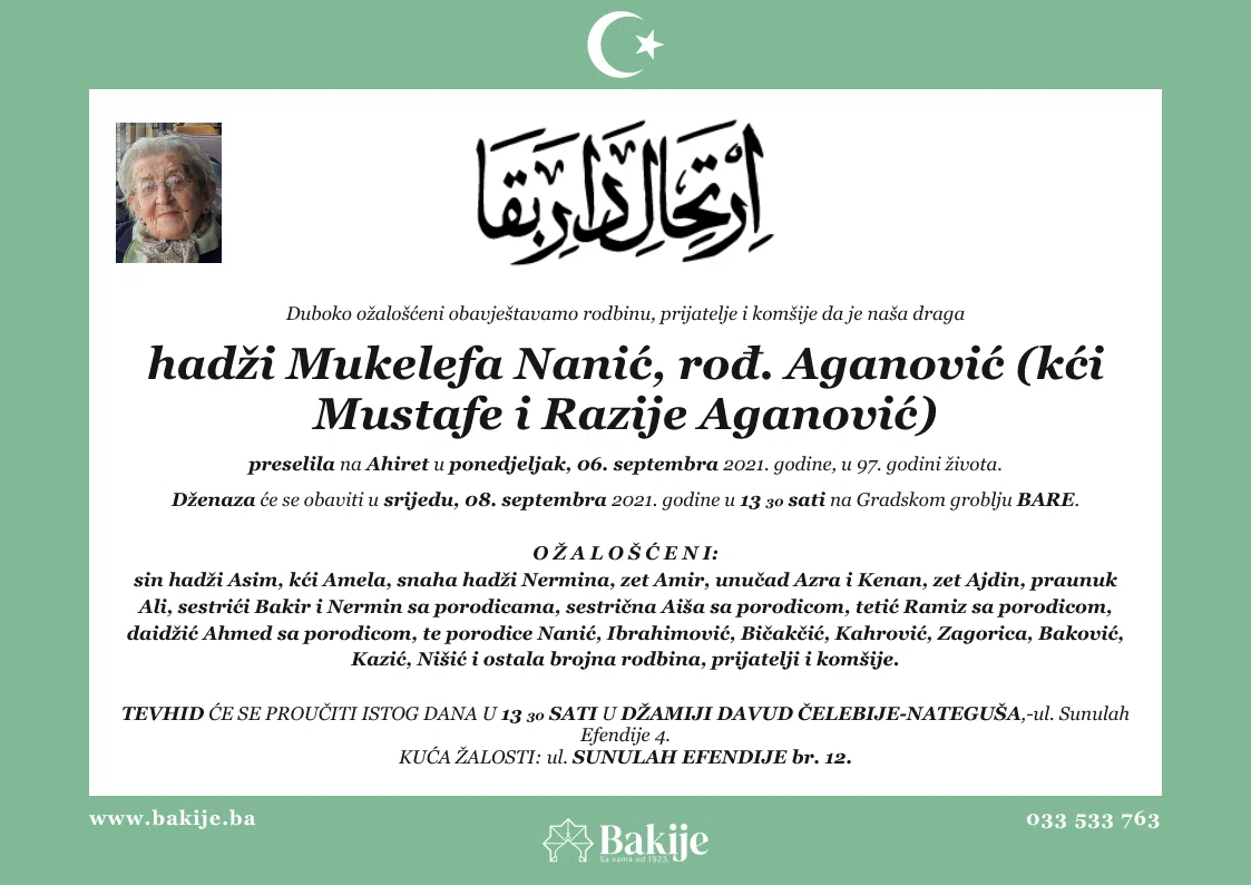 Smrtovnica — Hadži Mukelefa Nanić, rođ. Aganović (Kći Mustafe I Razije Aganović)