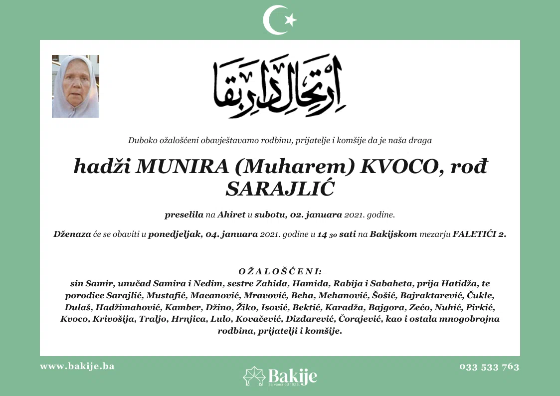Smrtovnica — Hadži Munira (Muharem) Kvoco, Rođ Sarajlić