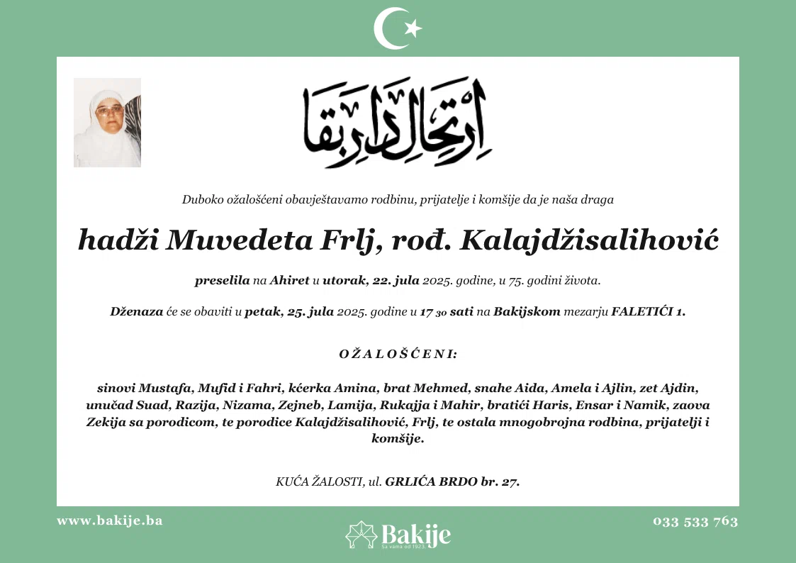 Smrtovnica — Hadži Muvedeta Frlj, rođ. Kalajdžisalihović
