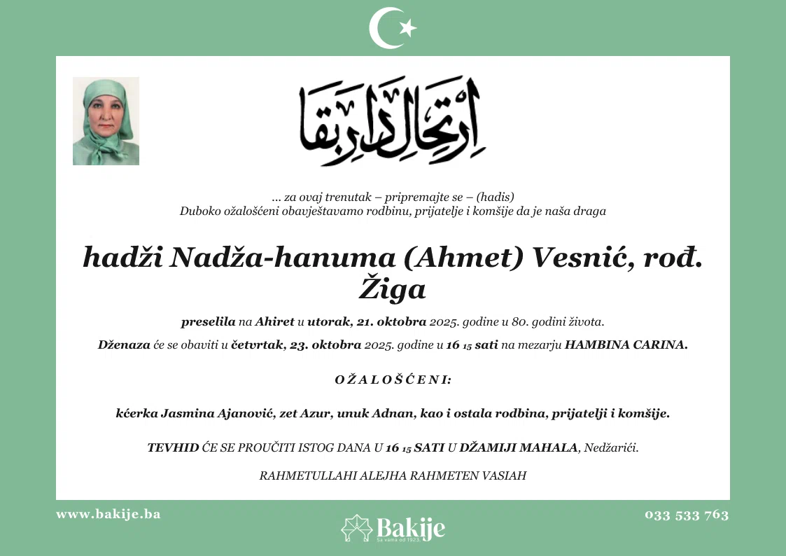 Smrtovnica — Hadži Nadža-Hanuma (Ahmet) Vesnić, rođ. Žiga