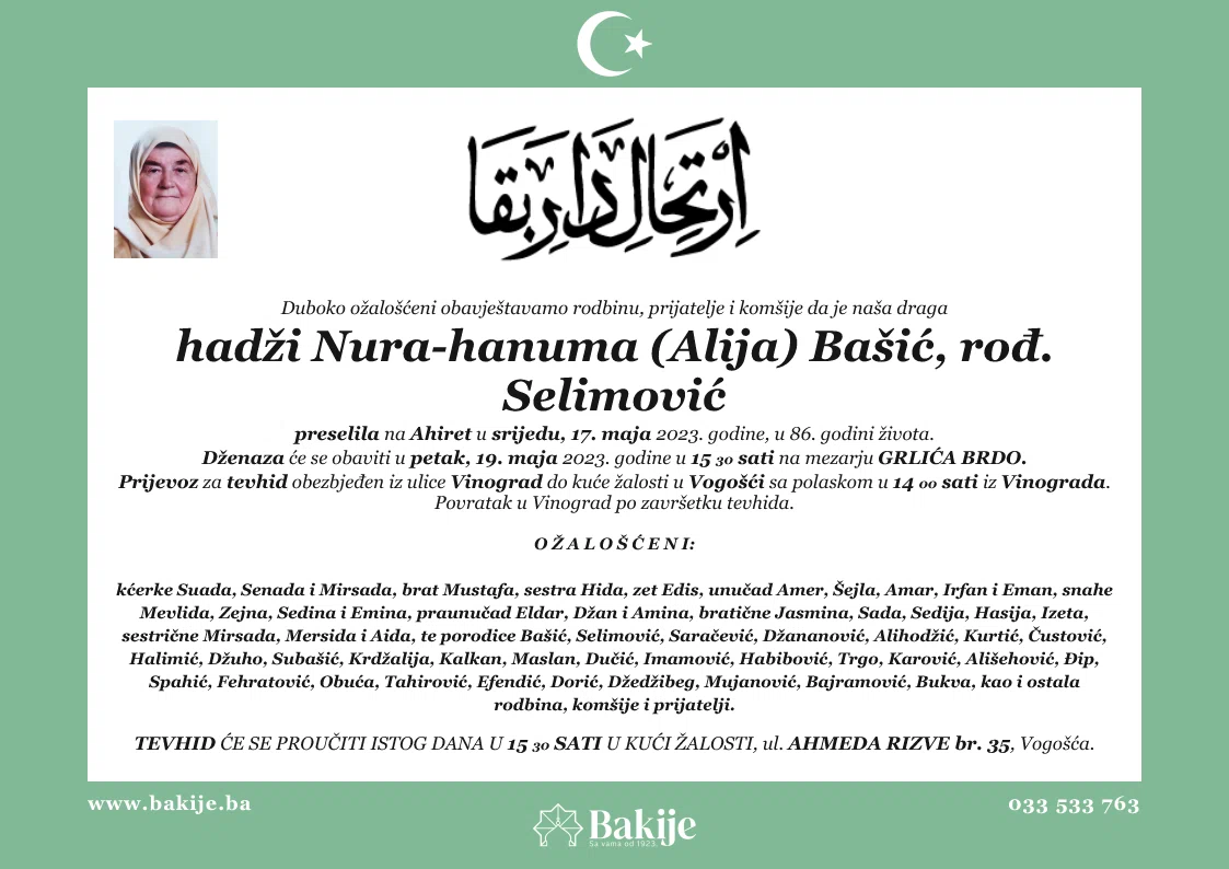 Smrtovnica — Hadži Nura-Hanuma (Alija) Bašić, rođ. Selimović