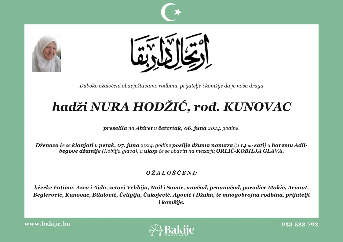 Smrtovnica — Hadži Nura Hodžić, rođ. Kunovac