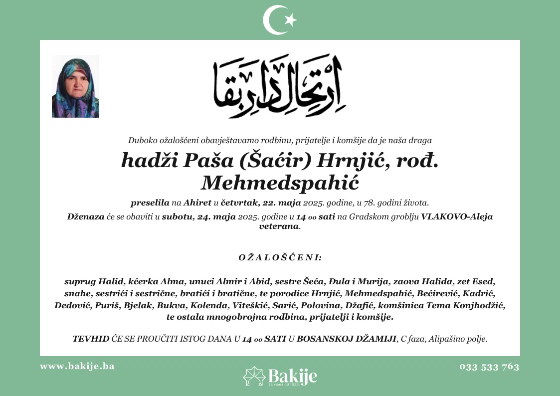 Smrtovnica — Hadži Paša (Šaćir) Hrnjić, rođ. Mehmedspahić
