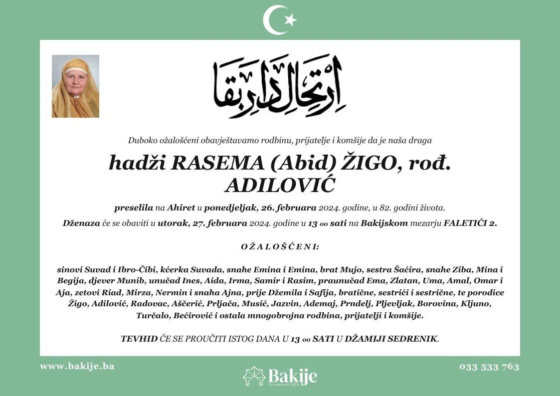 Smrtovnica — Hadži Rasema (Abid) Žigo, rođ. Adilović