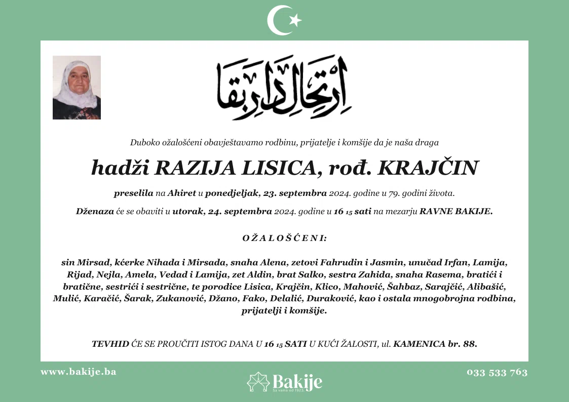 Smrtovnica — Hadži Razija Lisica, rođ. Krajčin