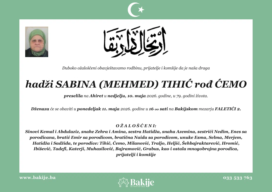 Smrtovnica — Hadži Sabina (Mehmed) Tihić Rođ Ćemo