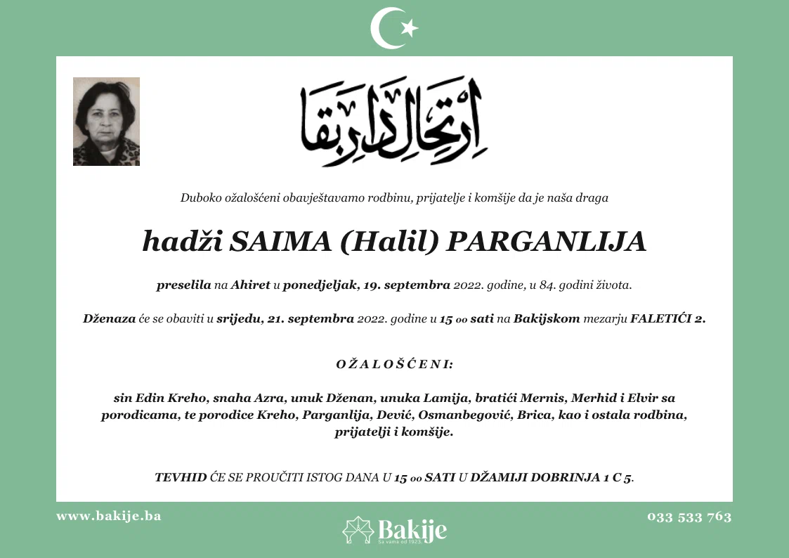 Smrtovnica — Hadži Saima (Halil) Parganlija