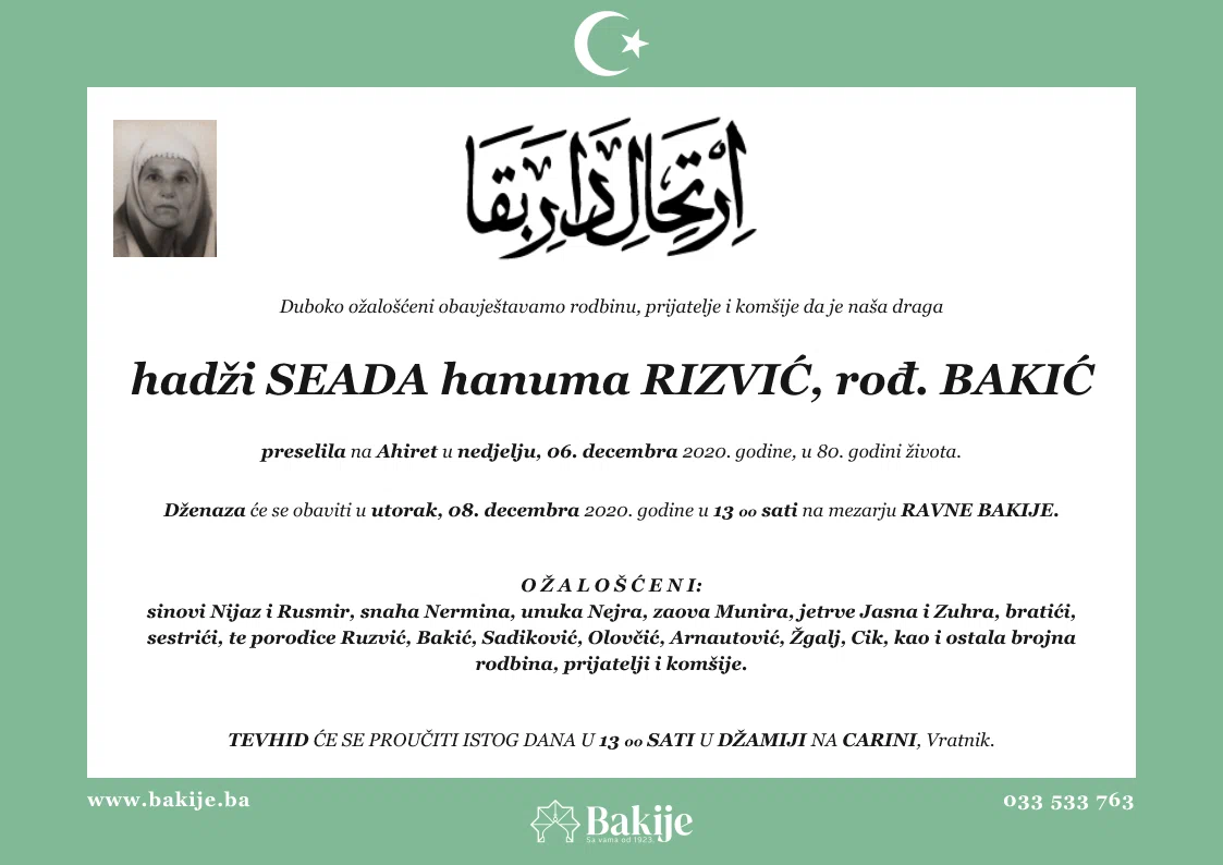 Smrtovnica — Hadži Seada Hanuma Rizvić, rođ. Bakić