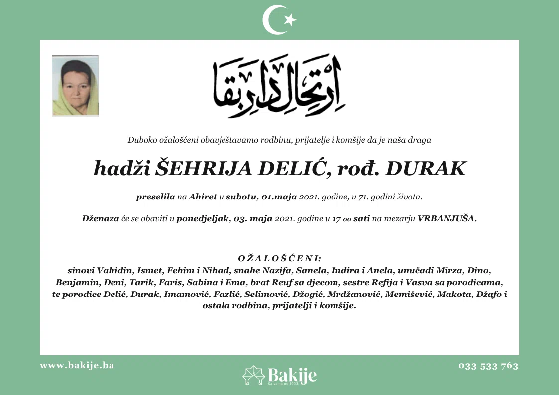 Smrtovnica — Hadži Šehrija Delić, rođ. Durak