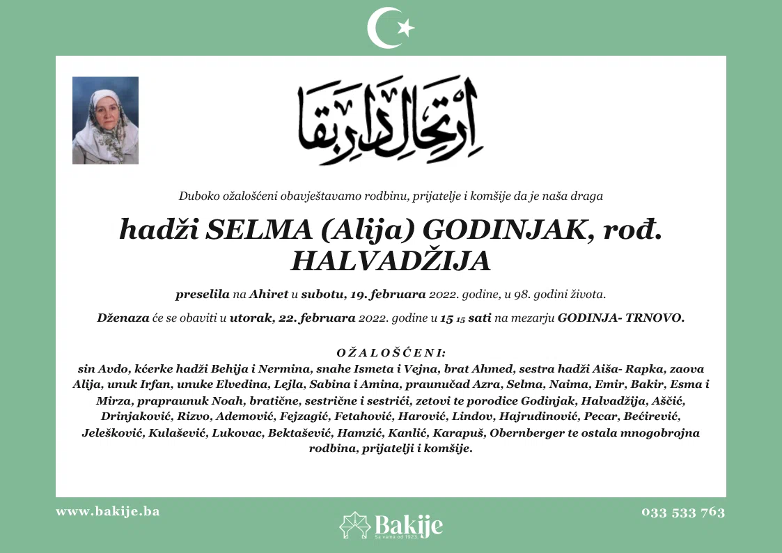 Smrtovnica — Hadži Selma (Alija) Godinjak, rođ. Halvadžija