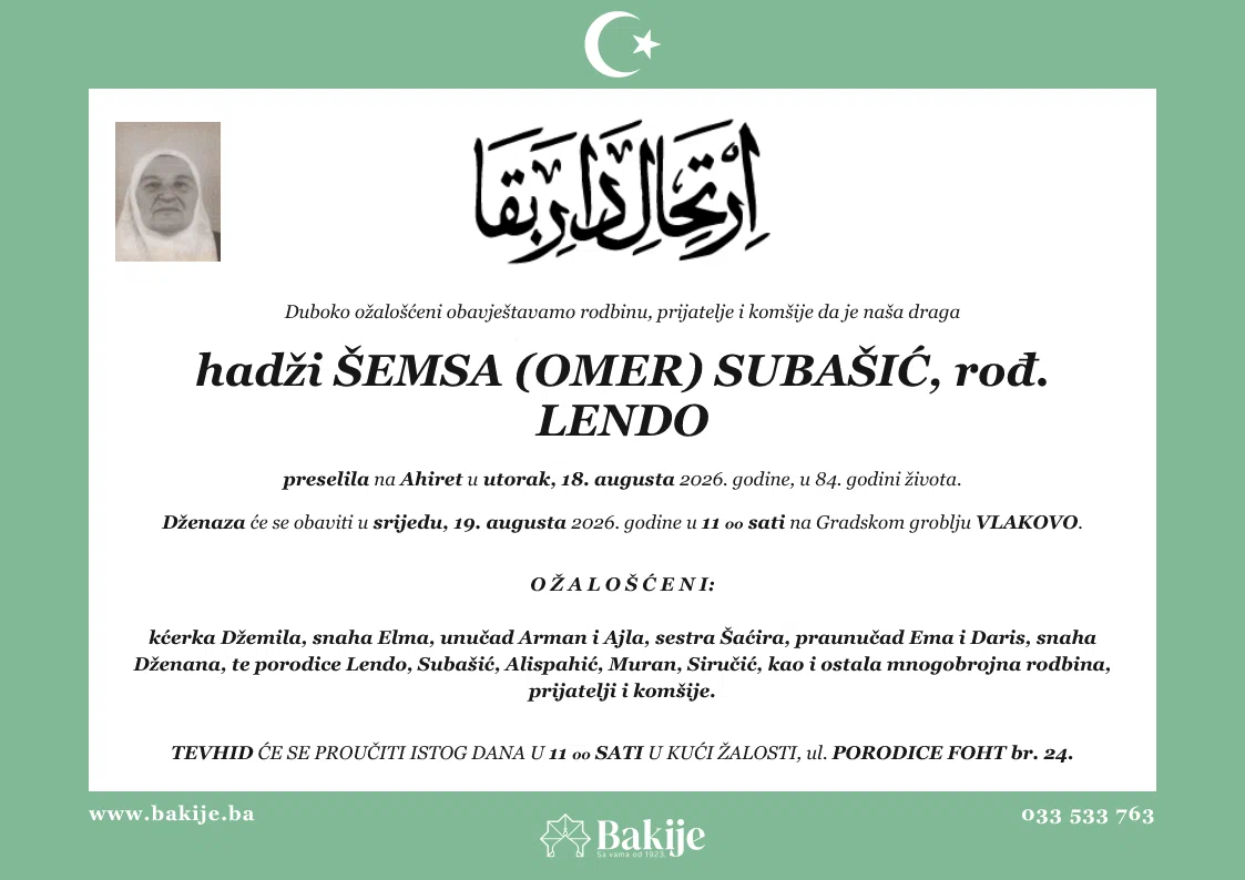 Smrtovnica — Hadži Šemsa (Omer) Subašić, rođ. Lendo