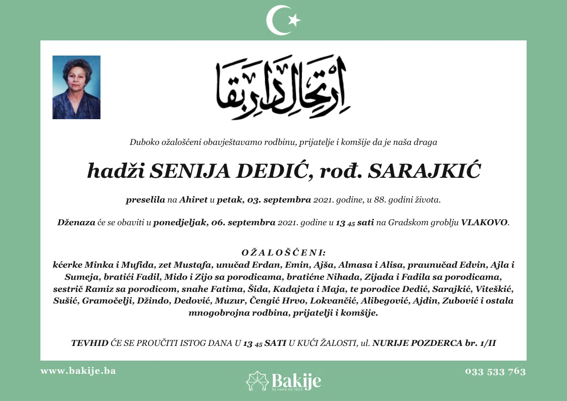 Smrtovnica — Hadži Senija Dedić, rođ. Sarajkić