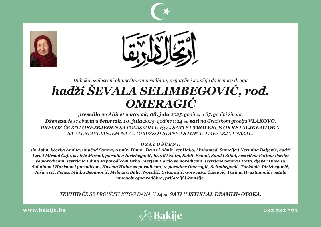 Smrtovnica — Hadži Ševala Selimbegović, rođ. Omeragić